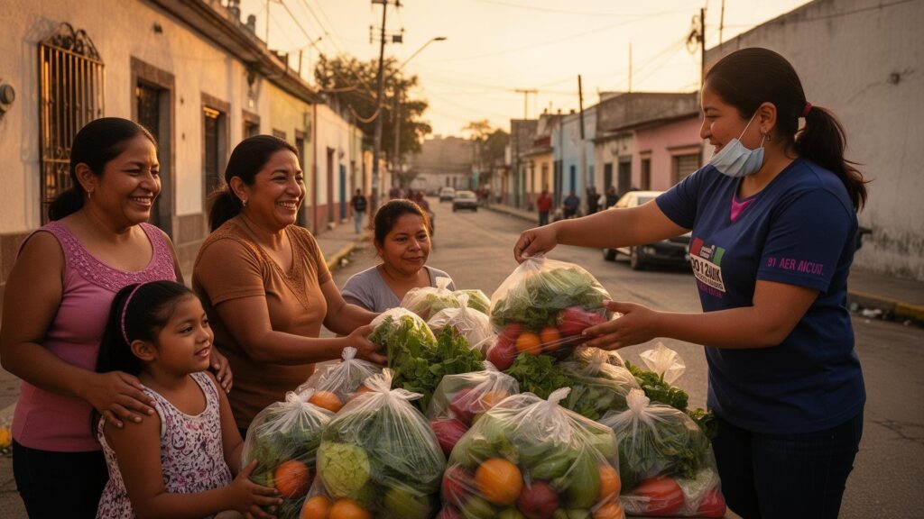 Familia recibiendo alimento